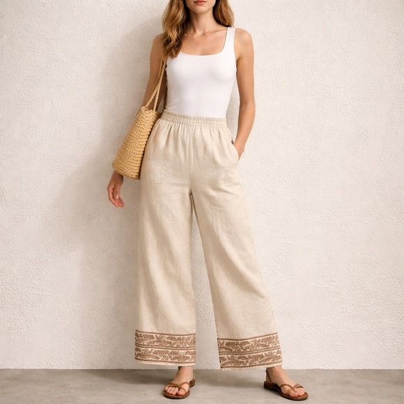 J. Jill Pants - J Jill Pants‎ Womens Medium Petite Linen Blend Cropped Embroidered Hem WTP24882